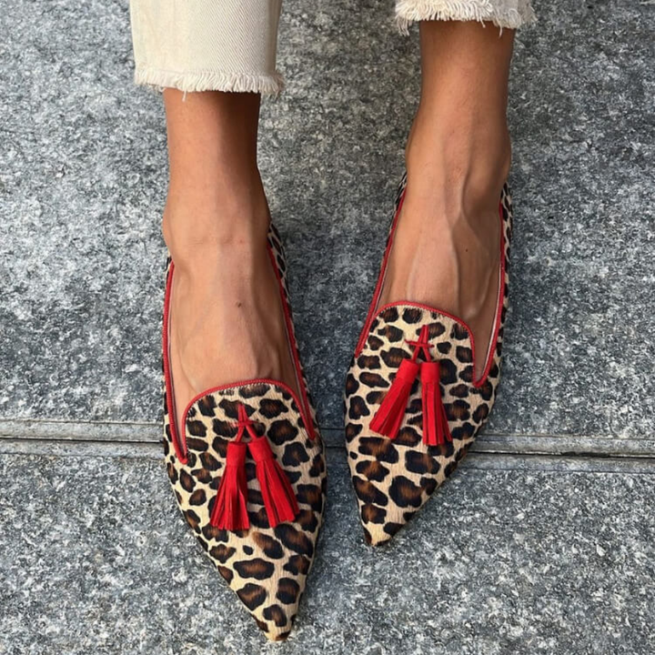 Pointed-Toe Moccasin with Red Tassels