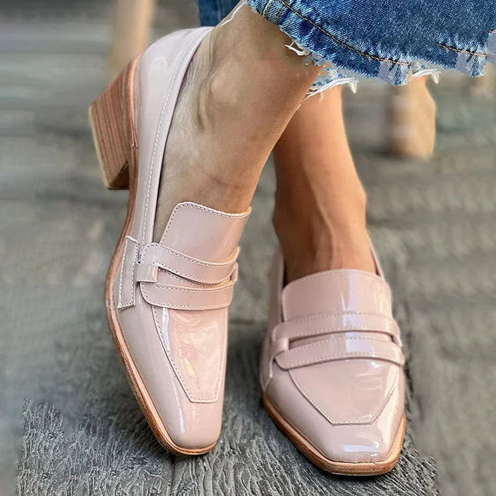 Shiny loafers with a wide heel