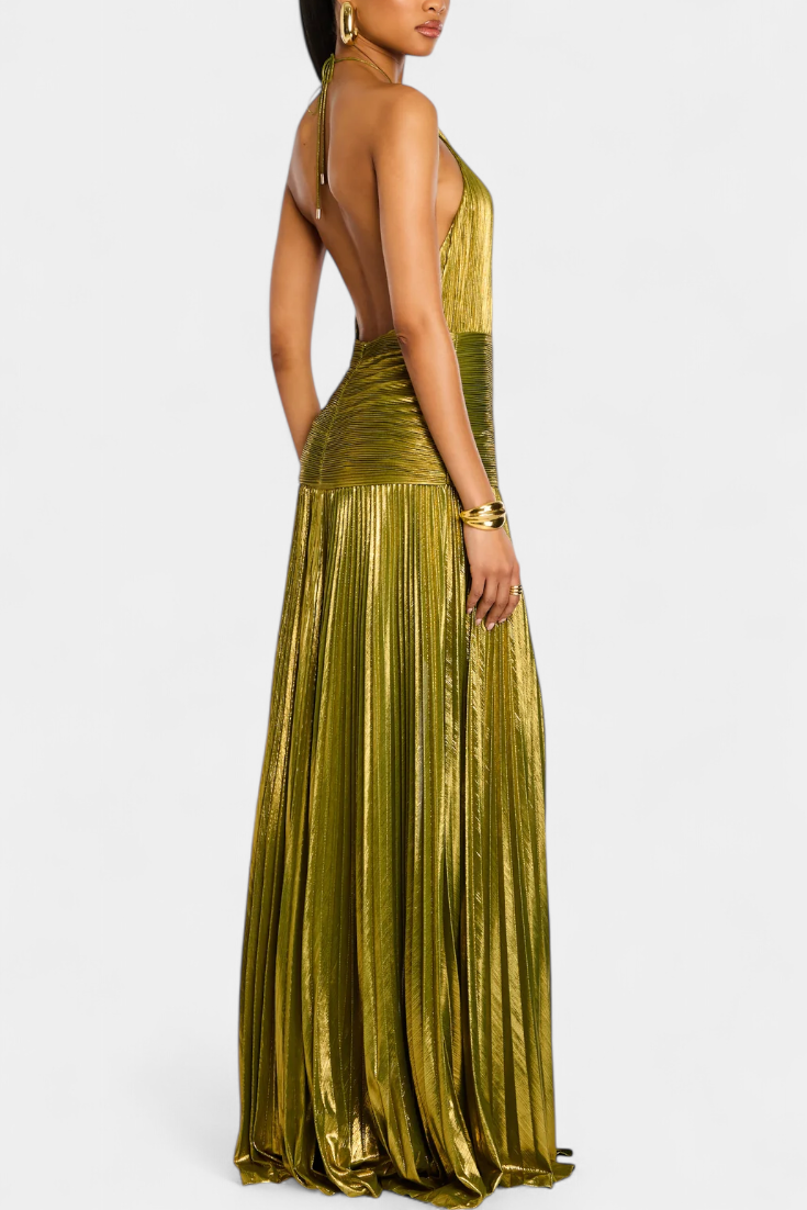 Emma | Metallic Open-Back Halter Dress