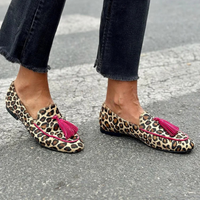 Fuchsia-fringed animal-print moccasin